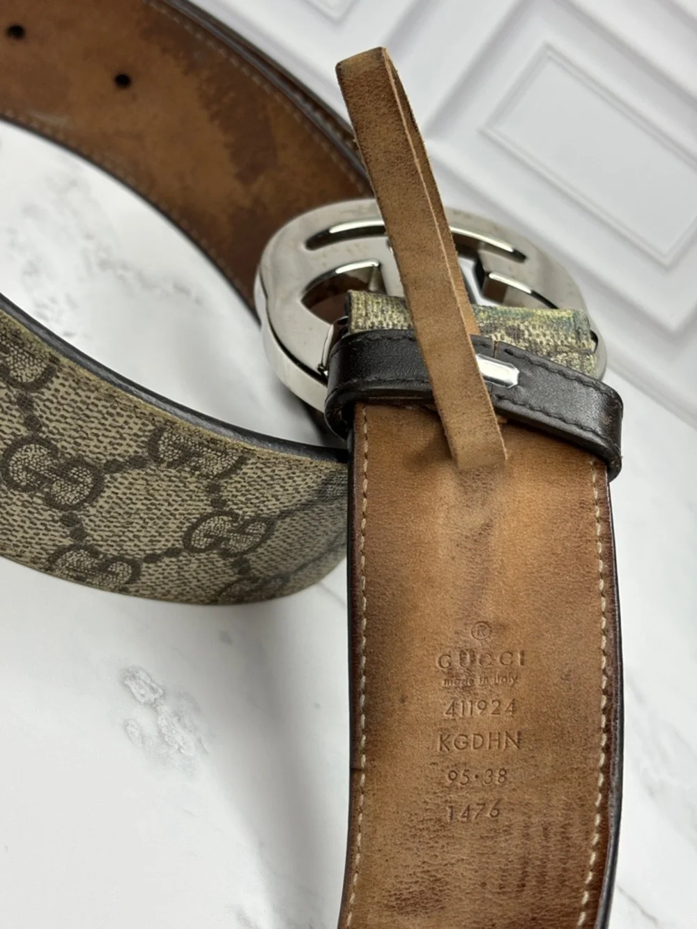 Gucci Beige/Brown GG Monogram Belt with Silver Double G Buckle